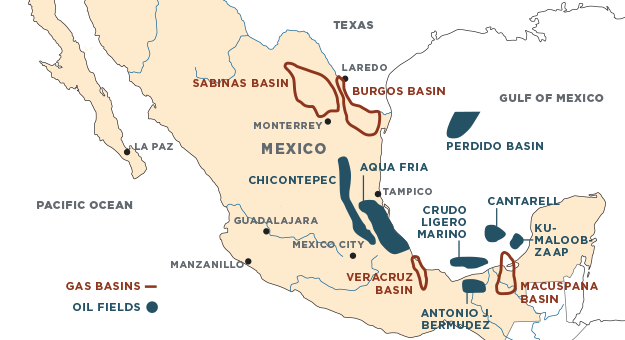 This map shows major Mexico oil and gas fields. Several major oil and gas deposits in Eastern Mexico are likely to attract significant production activity under deregulation. 