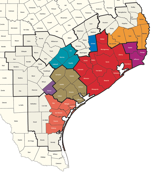 Map showing the counties affected by Harvey.  Counties are listed below.