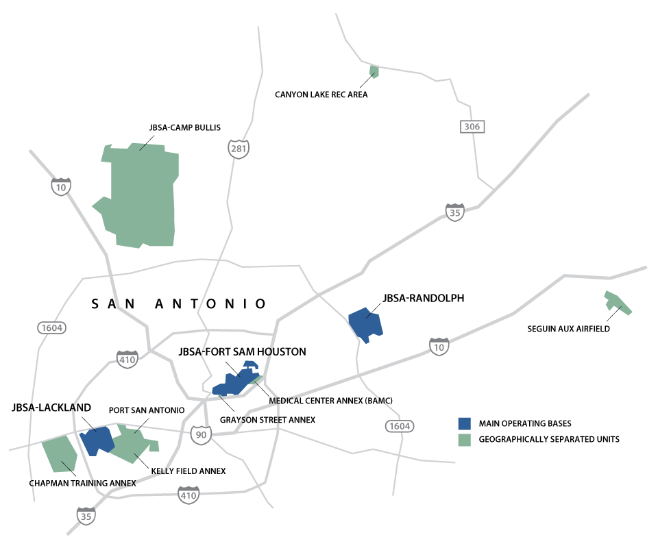 map showing main operating bases and geographically separated units near San Antonio